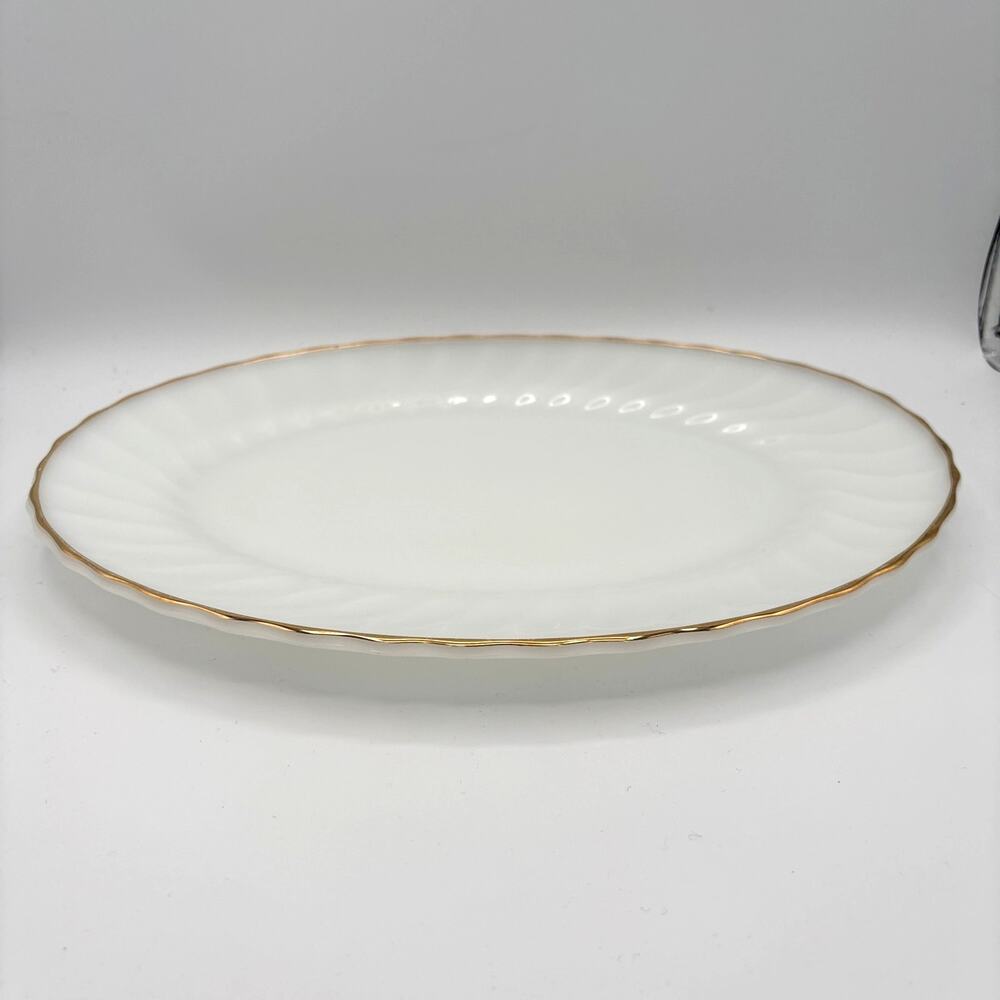 Anchor Hocking Milk Glass Oval Serving Platter Plate Gold Gilded USA 13" swirl